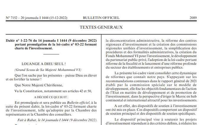 <span>Loi cadre n° 03-22 formant charte de l’investissement </span>
