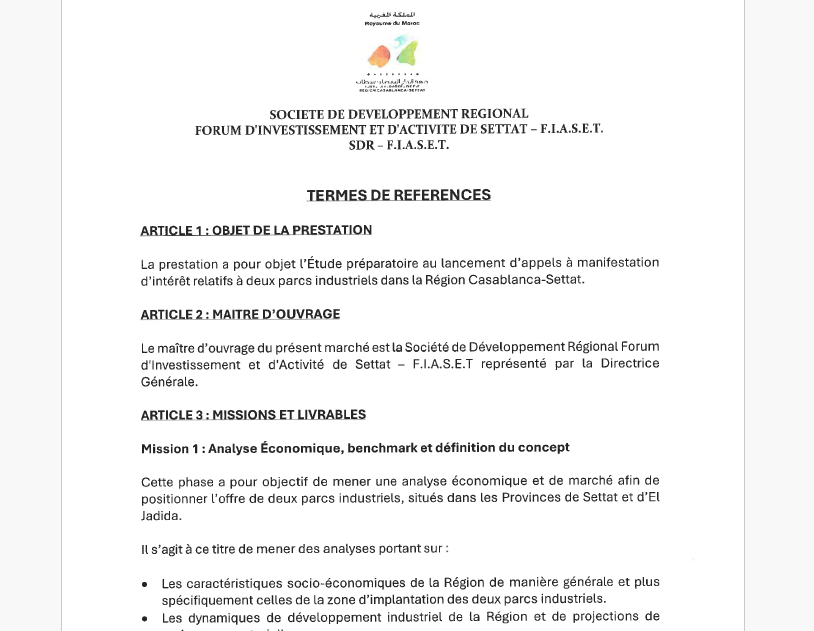 <span>Étude préparatoire au lancement d’appels à manifestation d’intérêt relatifs à deux parcs industriels dans la Région Casablanca-Settat.</span>
